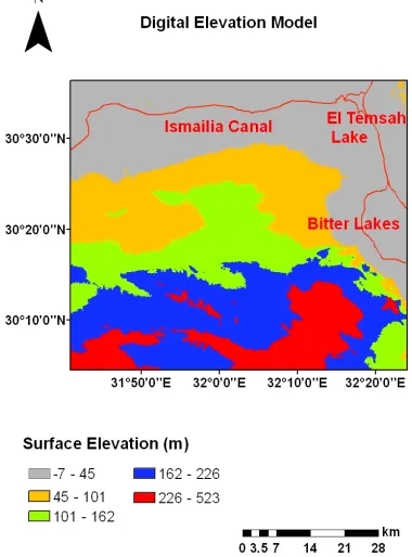 Figure 5. Topographic map extracted from digital elevation model SRTM image data. 