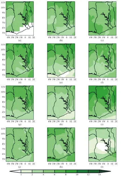 Figure 2. Rainfall climatology over Ghana from CORDEX models. (a) UDEL JJAS; (b) TRMM JJAS; (c) ERA-INT JJAS; (d) DMI-HIRHAM JJAS; (e) ICTP-REGCM JJAS; (f) UCT-PRECIS JJAS; (g) SMHI-RCA JJAS; (h) KNMI-RACMO JJAS; (i) 
