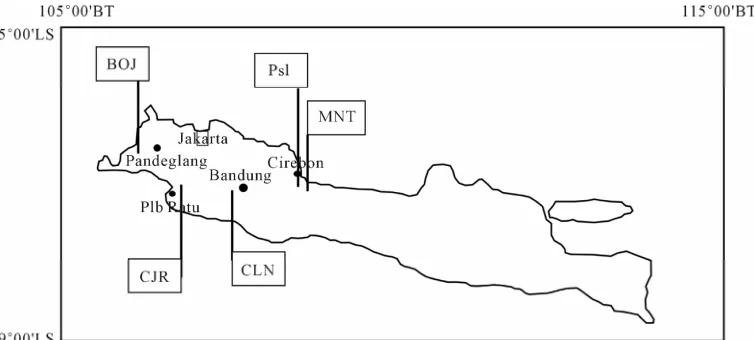 Figure 1. Sampling sites of fossil molluscs family of Turritellidae in West Java. Description of location, CLN: Cilanang; MNT: Menengten; PsI: Pasir Ipis; CJR: Cijarian; BOJ: Bojong