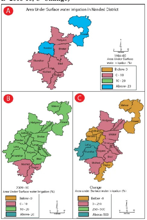 Fig. 2: Surface Water Irrigation pattern of Nanded District (A-1984-85, B- 2009-10, C- Change) 
