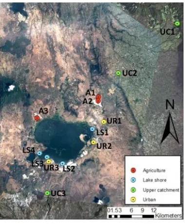 Figure 2.2: Map of the Lake Naivasha catchment, showing sites used for dust collection