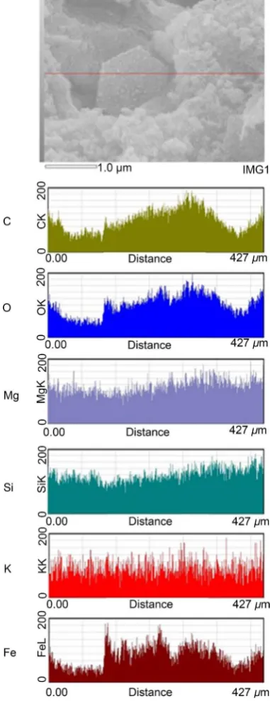 Figure SI3. EDS line analysis of a hexagonal disk obtained by carbonization of B. braunii residue at 700˚C with no argon flow