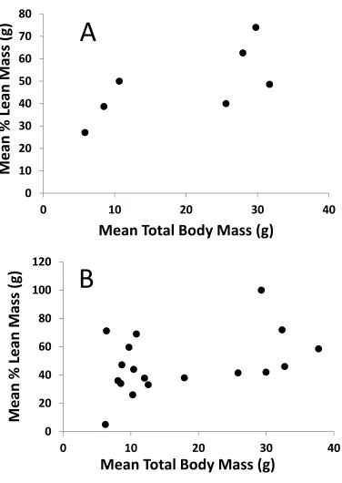 Figure 2.6 Mean relative percent lean mass deposited in refuelling passerines in relation to total body mass (g) at a stopover site in Long Point Ontario in spring and fall