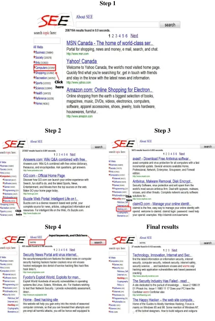 Figure 1.6: Steps to ﬁnd information about “worm” in “computer” → “security” → “Hacking”:ﬁrst locate category, then search keywords.