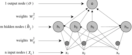 Figure 1: Architecture of a multilayer perceptron with n input nodes, m hidden nodes and one output node  