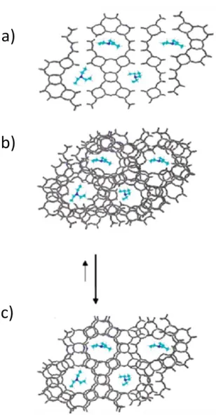 Figure 1.3: A proposed model for the DGC crystallization of an AFI framework. a) An amorphous collection of pre-framework molecules organize around the organic SDA