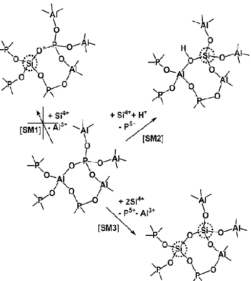 Figure 1.4: An AlPO4 framework undergoes three different methods of heteroatomic substitution1