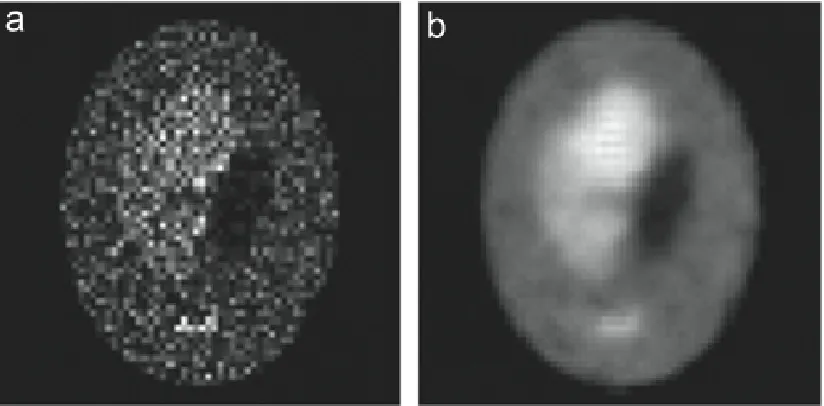 Figure 1.6: Two reconstructions of simulated data from the Shepp-Logan phantom.(A) No compensation for ill-conditioning