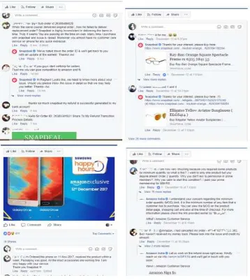 Fig. 5: Some snapshots of how feedbacks are provided by the customers and grievance redressals are done by companies using Social media sites( Source: Amazon & Snapdeal pages on Facebook) 