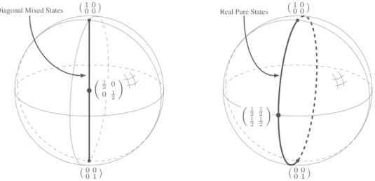 Figure 4.1 – The set D 2 visualized using the Bloch sphere parametrization. We highlight in black the regions of D 2 used by LM (to the left) and VSM (to the right).