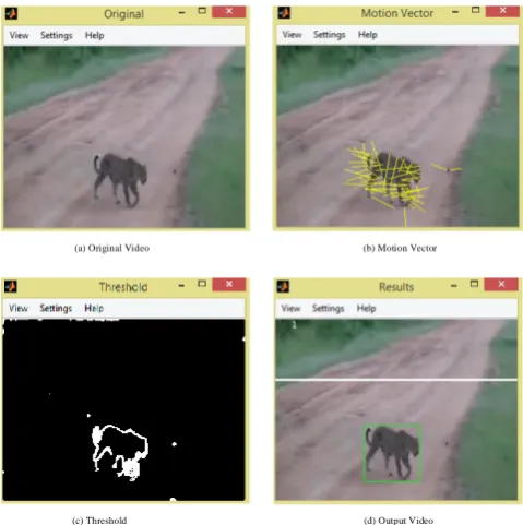 Figure 8: Results of Optical Flow Method Using Lucas – Kanade Algorithm for Leopard.mp4 (a) Original Video, (b) Motion Vector, (c) Threshold and (d) Output Video 