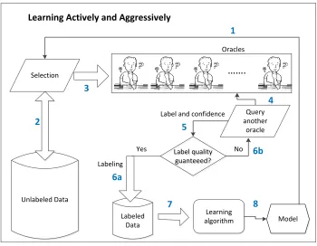Figure 1.5: The framework for learning actively and aggressively with multiple noisy oracles.The learning is an iterative process of selecting examples actively to query oracles
