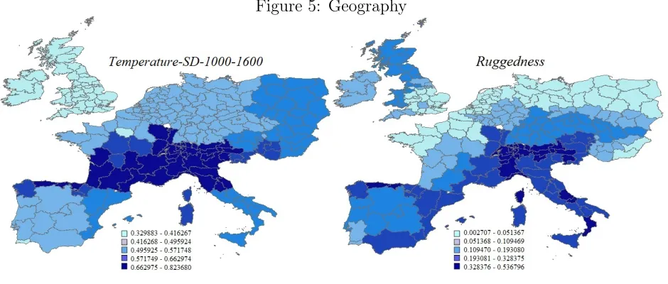 Figure 4: Climate Volatility in the Sample and in all Guiot et al. (2010) Cells