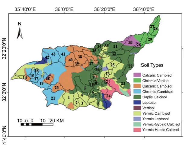 Figure 5. Soil types and the 43 sub-watersheds. 