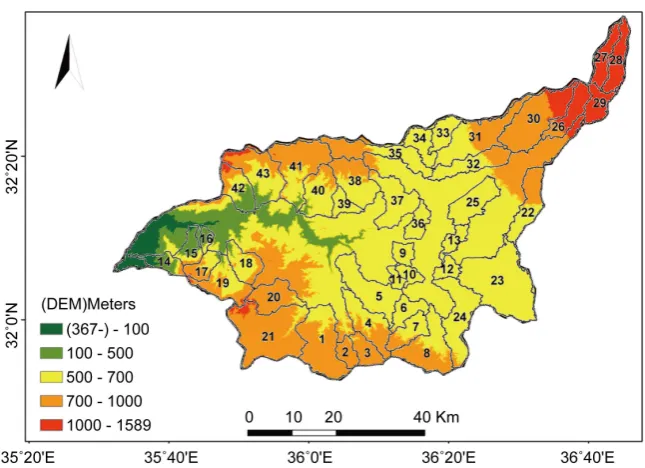 Figure 2. Digital Elevation Model and the 43 sub-watersheds of the Zerqa River. 