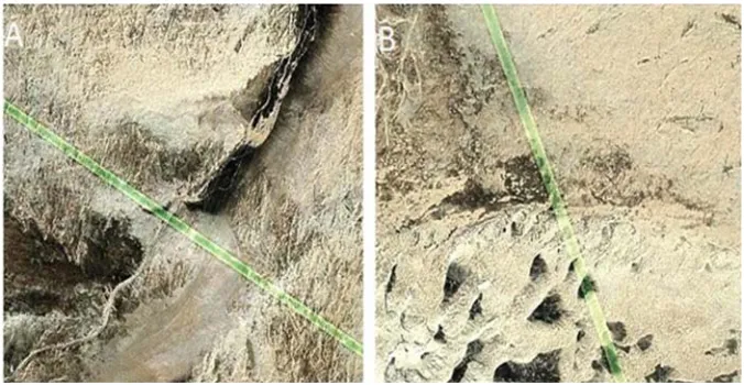 Figure 11. A-D Satellite image show the geospatial effect interaction of the green stripe line over the surface terrain in terms of generation of helicoidally pattern throughout the trajectory of the line