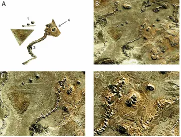 Figure 17. A, B Satellite images show pyramidal triangular self-assembly geologic structure with their chiral counterpart adjacent side by side