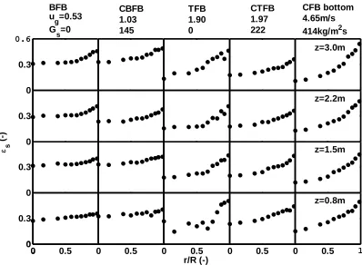 Figure 3.9 Radial profiles of time-average solids holdup in different regimes 
