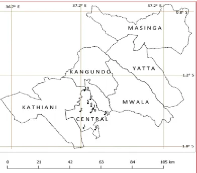 Figure 3.1: Map of Machakos County showing the location of the study sites 