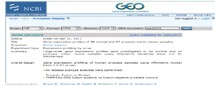 Figure 2. Retrival of dataset of gene expression profiles of normal and prostate cancer tissue cells from NCBI-GEO 