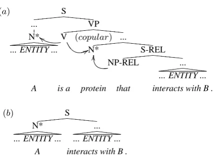 Figure 1: Copula Rule. (a) is simpliﬁed to (b).The arrows represent predicate–argument rela-tions.