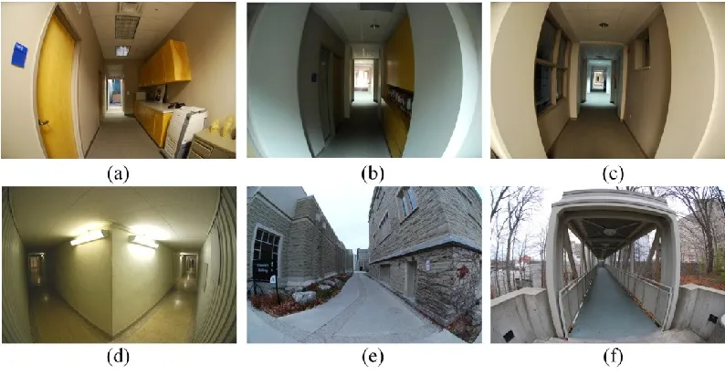 Figure 3.2: Narrow interior pathways and restricted accessibility scanning scenarios (a, b, c) Interior corridors (d) Under-ground tunnels (e) Constricted exterior walkway (f) Slender over-bridge