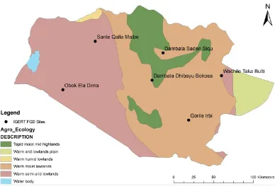 Figure 1. IGERT FGD sites and agro-ecological zones of the Borana 