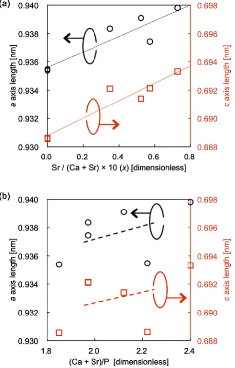 Figure 3. Lattice constants as a function of (a) Sr content and (b) P content in the Sr-HA thin films