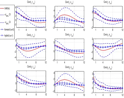 Figure 1: Covariance proﬁles for inﬂation persistence in GI (dashed: empirical, △: hybrid, *: forward)