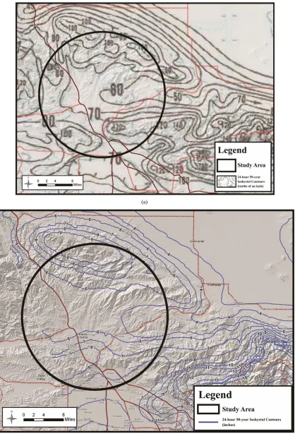 Figure 4. (a) NOAA Atlas 2 isohyetals corresponding to 50-year 24-hour peak duration; (b) LAC hydrology manual isohyet- als corresponding to 50-year 24-hour peak duration