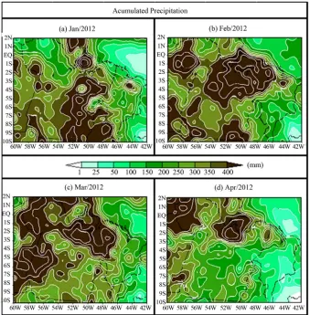 Figure 1. Acumulated precipitation (mm) over Eastern Amazon for: (a) January; (b) February; (c) March; (d) April, of 2012