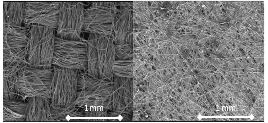 Figure ‎2-7 Microscopic pictures of left) carbon cloth and right) carbon paper (FuelCellEtc 2013) 