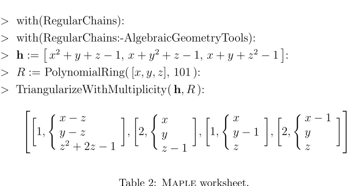 Table 2: Maple worksheet.