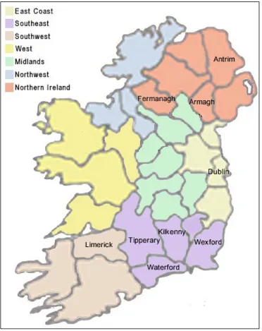 Figure 4-3 Map of Irish counties represented in epitaphs at the Sacred Heart 