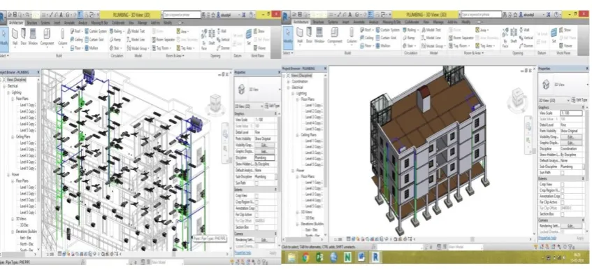 Fig. 5 Revit MEP 3D View      Fig. 6 Revit Co-ordination (Architecture, Structure, MEP) 