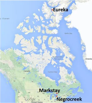 Figure 3.5: A map (courtesy of Google) indicating the locations of the three radar 