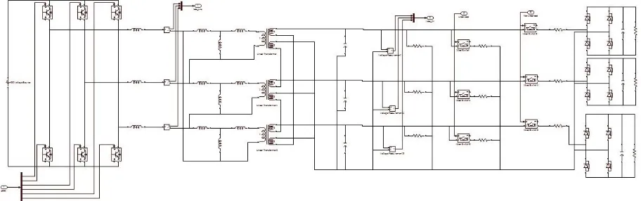 Fig. 3. Simulink model of the designed inverter power stage including delta zigzag transformer, the LC filter, the measurements, and the linear and nonlinear loads