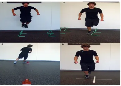 Figure 5: An example progression of functional/agility training exercises in the advanced training phase of rehabilitation: A, jumping over hurdles; B, hopping over hurdles; C, timed figure-8 running; and D, timed 4-square hop test
