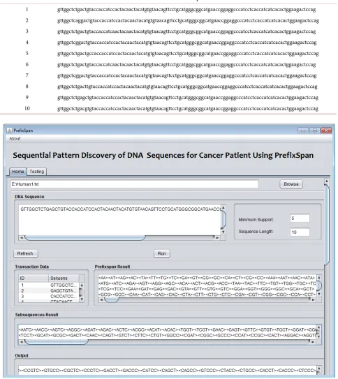 Figure 3. Interface of sequential pattern mining for cancer patient’s DNA sequence. 