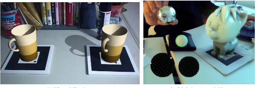 Figure 2.6: Adding shadows to virtual objects and an example of lighting acquisition procedureusing a diﬀuse sphere (circled in green).