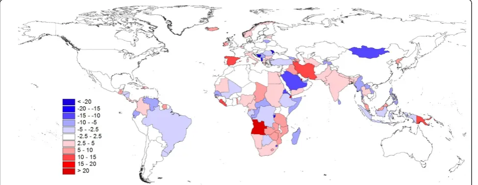Figure 4 The differences between national population totals for 2010 estimated by the UNPD and the CIA