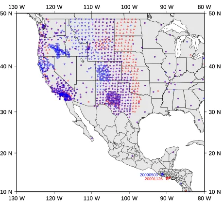 Figure 3.2: Locations of two events (20090503 and 2009112, denoted as stars) andtheir corresponding USArray recording stations indicated by color.