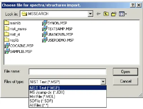 Figure 15.  File Selection dialog box with some of the available file types.  MSP and JDX files are spectra,  and MOL files are structures