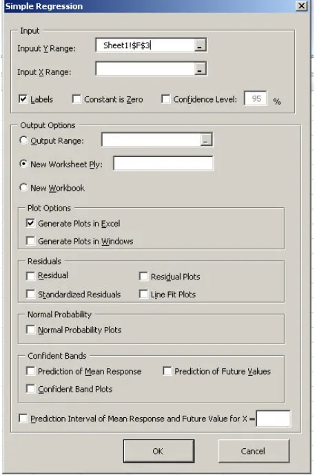 Figure 1. Dialogue box for the Simple Linear Regression command in XLR. 
