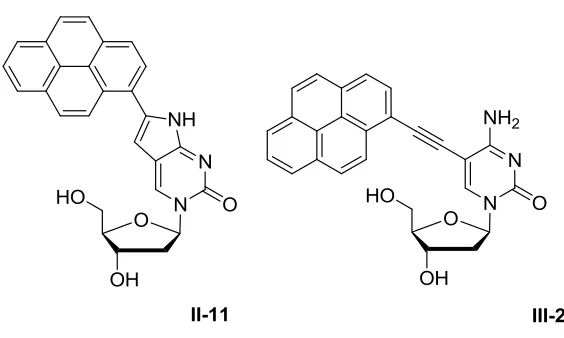 Figure 1.10 – Pyrene modified C analogues: PypdC (left), PyEtdC (right) 