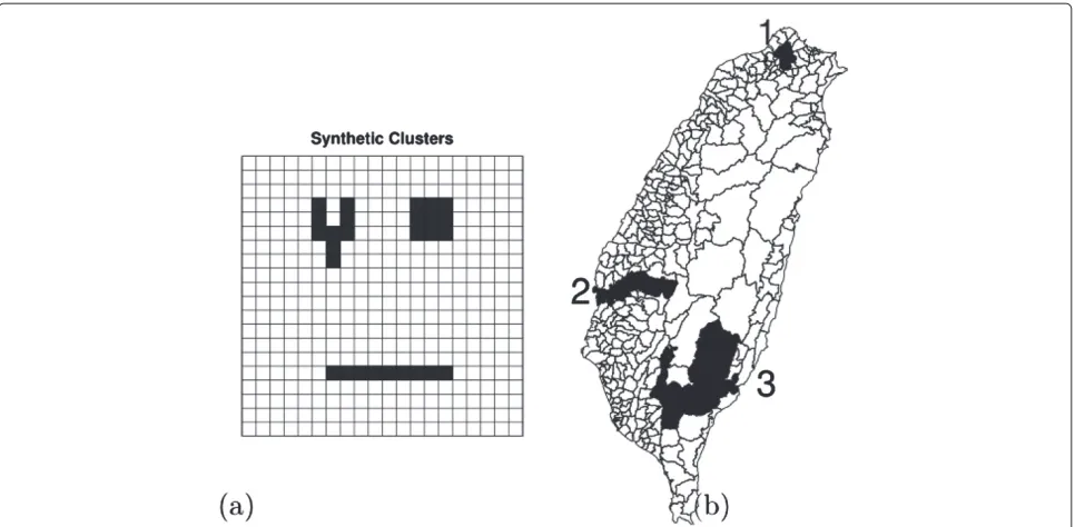 Figure 2 Synthetic clusters in the two study areas. (a) Regular 20 by 20 grid and (b) Taiwan Map