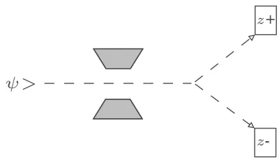 Figure 5.6: A Stern-Gerlach-like experimental setup (implementing a σz experiment) inwhich a two-dimensional quantum system is sent through a state preparation device, afterwhich it impinges on one of two detectors.