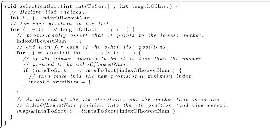 Figure 5.1: A set of instructions (in C) implementing the ‘selection sort’ solution to theproblem of sorting a list of given integers