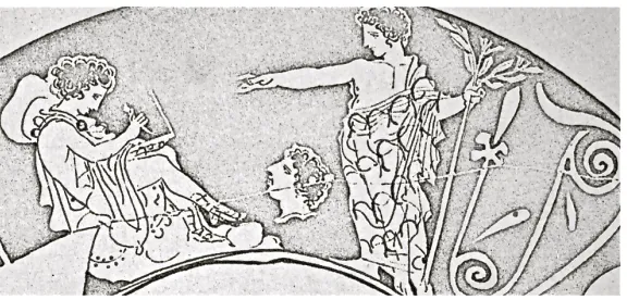 Figure 6: The decapitated head of Orpheus prophesying (5thC. D. Bicknell, Lewis Collection,  century BCE) Journal of Hellenic Studies 41 (1921): 222-231, plate XII 