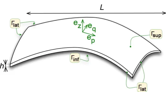 Figure 1. Shell like domain notes the out of plane direction and dimension is Ω  on which the heat transfer problem is solved